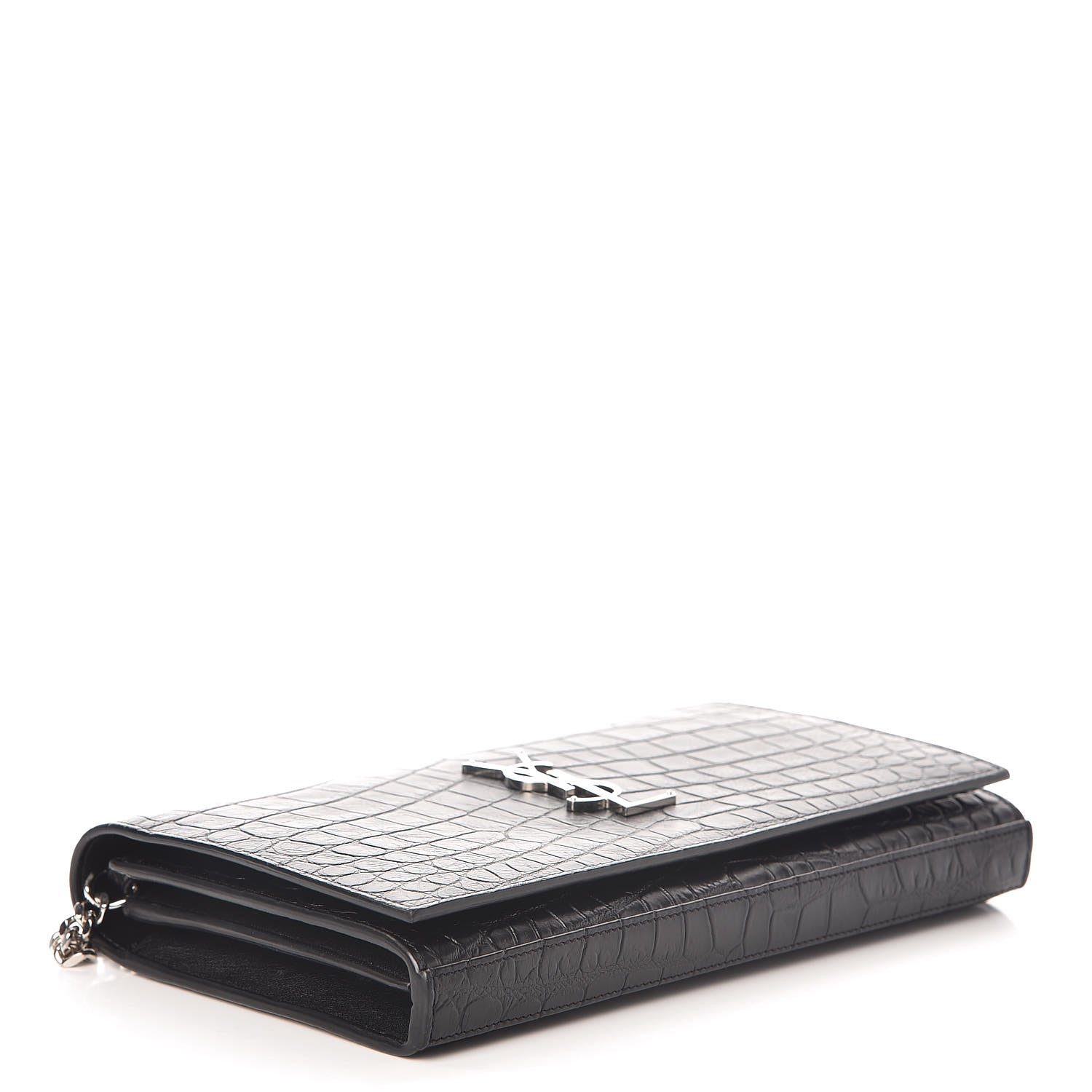 Saint Laurent Calfskin Crocodile Embossed Monogram Chain Wallet Black 4 of 11