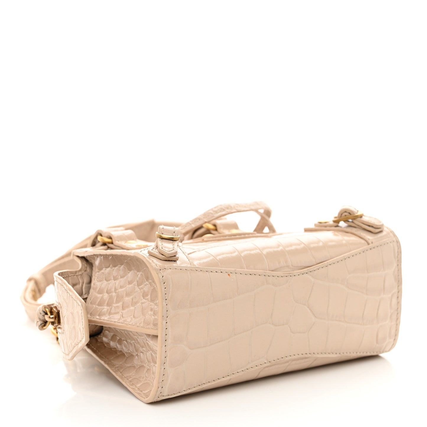 Shiny Supple Calfskin Crocodile Embossed Neo Classic Gold Hardware Nano City Crossbody Light Beige