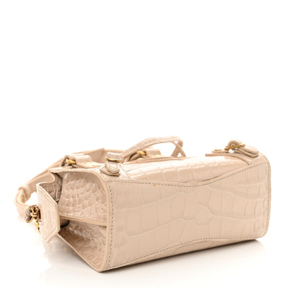 Balenciaga Shiny Supple Calfskin Crocodile Embossed Neo Classic Gold Hardware Nano City Crossbody Light Beige 4 of 13