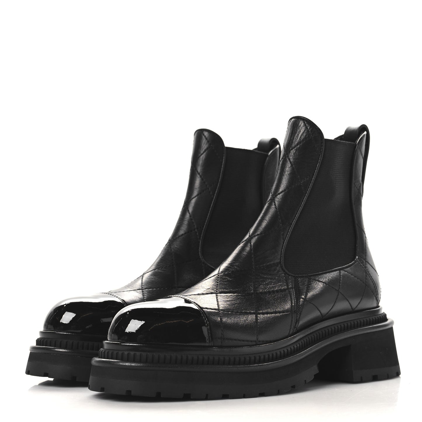 Calfskin Patent Cap Toe Quilted Short Boots 37 Black