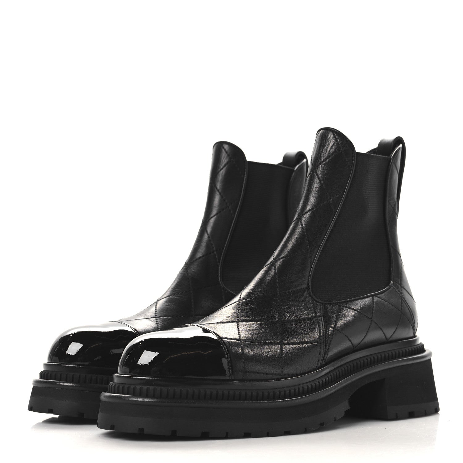 Chanel Calfskin Patent Cap Toe Quilted Short Boots 37 Black 4 of 8