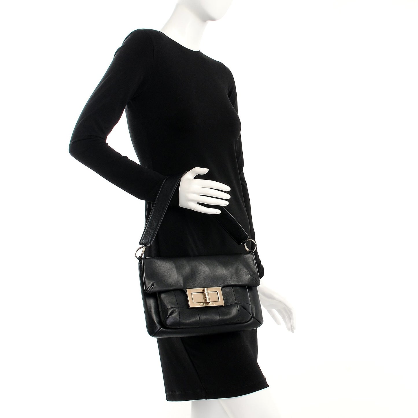 Calfskin Square Stitched Mademoiselle Shoulder Bag Black