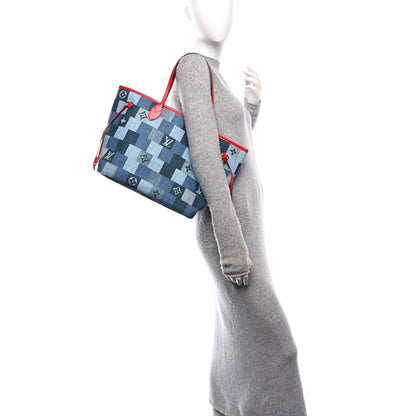 Louis Vuitton Denim Damier Monogram Patchwork Neverfull Blue Rouge 2 of 13