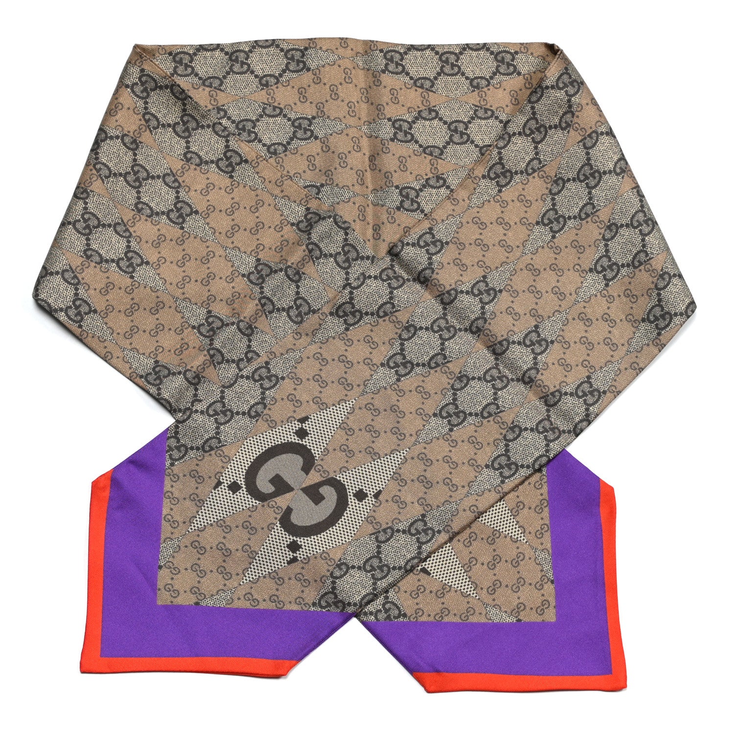 Gucci Silk Twill GG Monogram GG Rombybow Neck Bow Scarf Camel Dark Purple 2 of 4