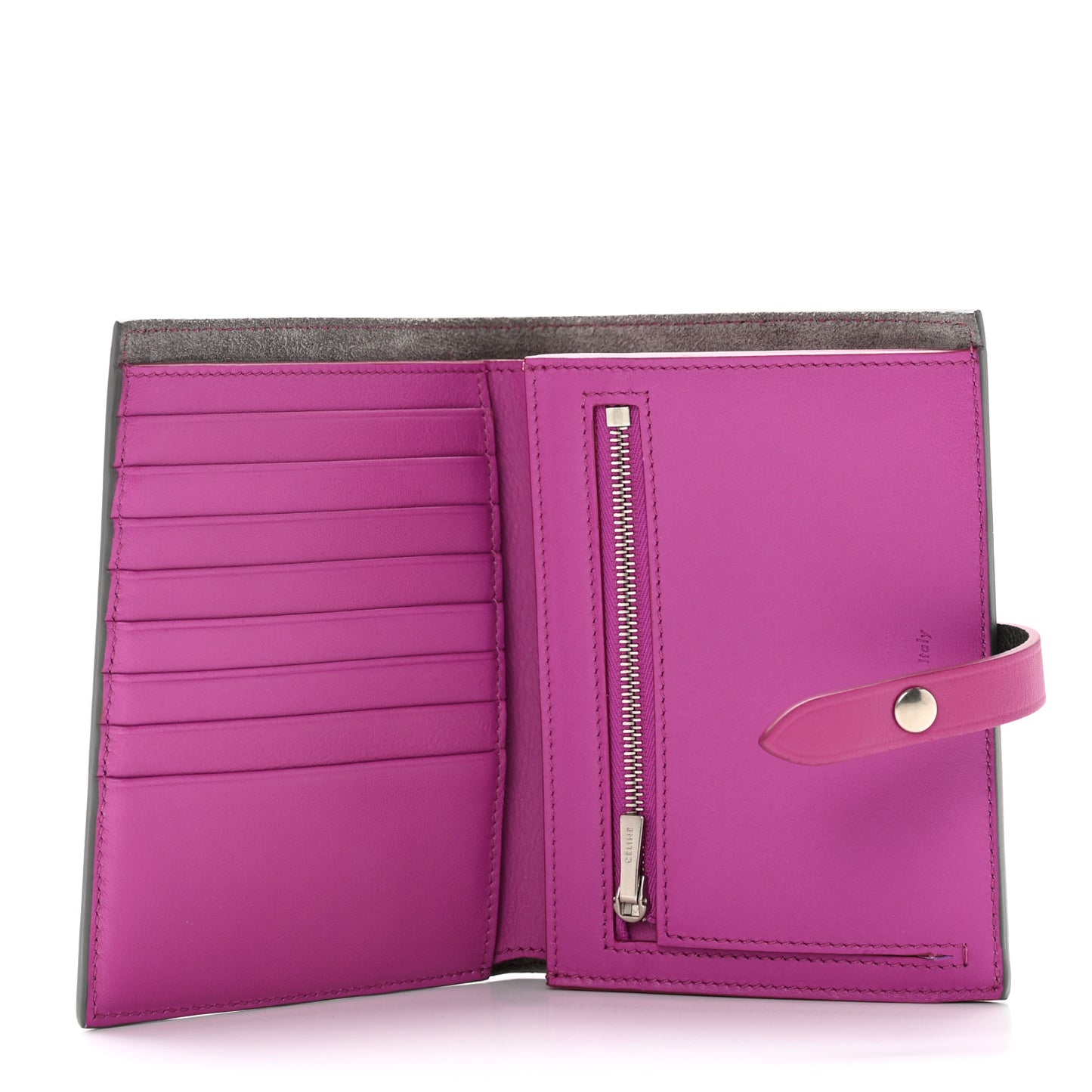 Grained Calfskin Medium Multifunction Strap Wallet Grey Magenta