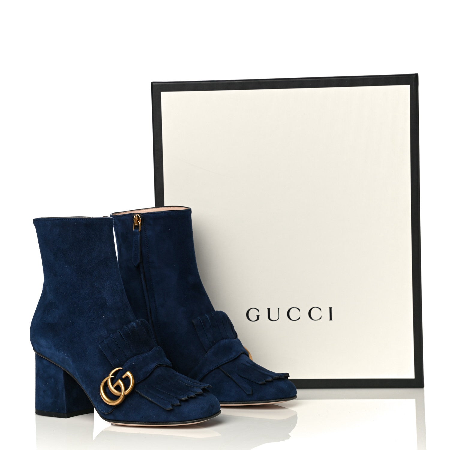 Gucci Kid Scamosciato GG Marmont Fringe 75mm Ankle Boots 37 Blue Ink 12 of 12