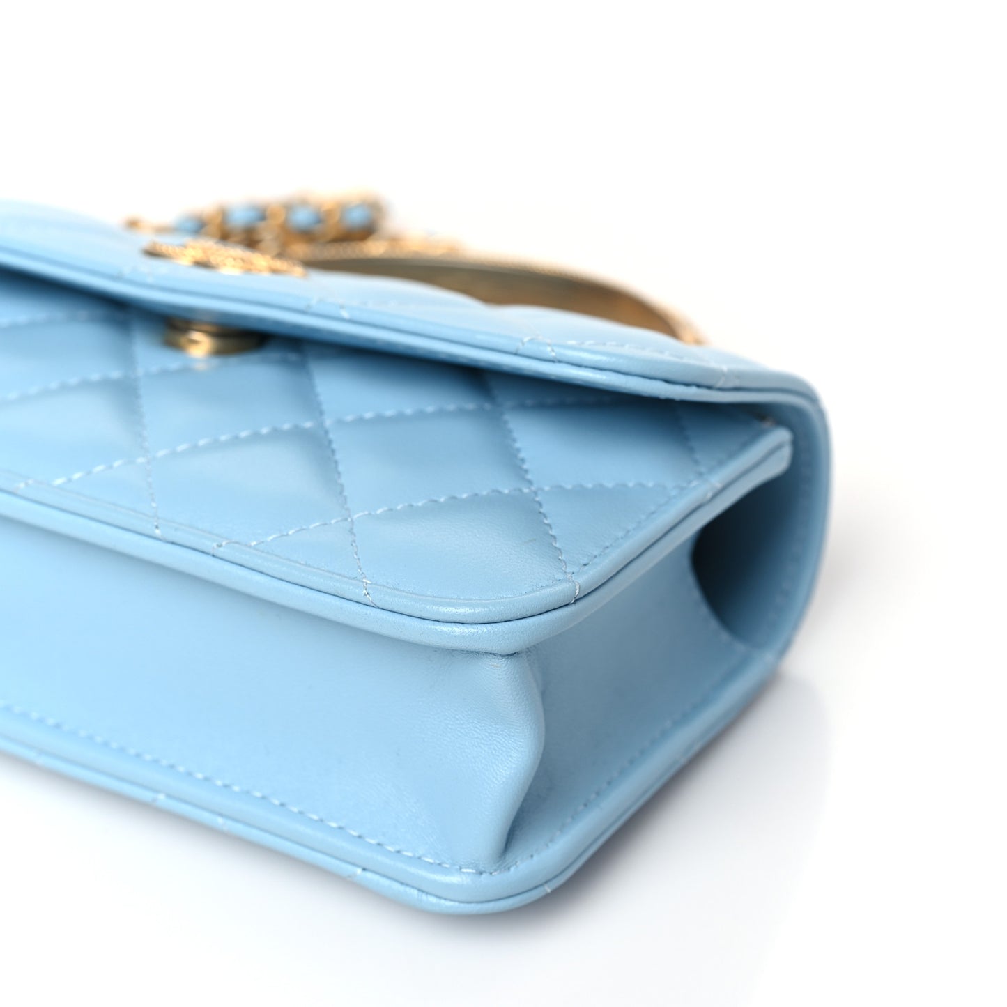 Lambskin Quilted Metal Twist Top Handle Flap Phone Holder With Chain Blue
