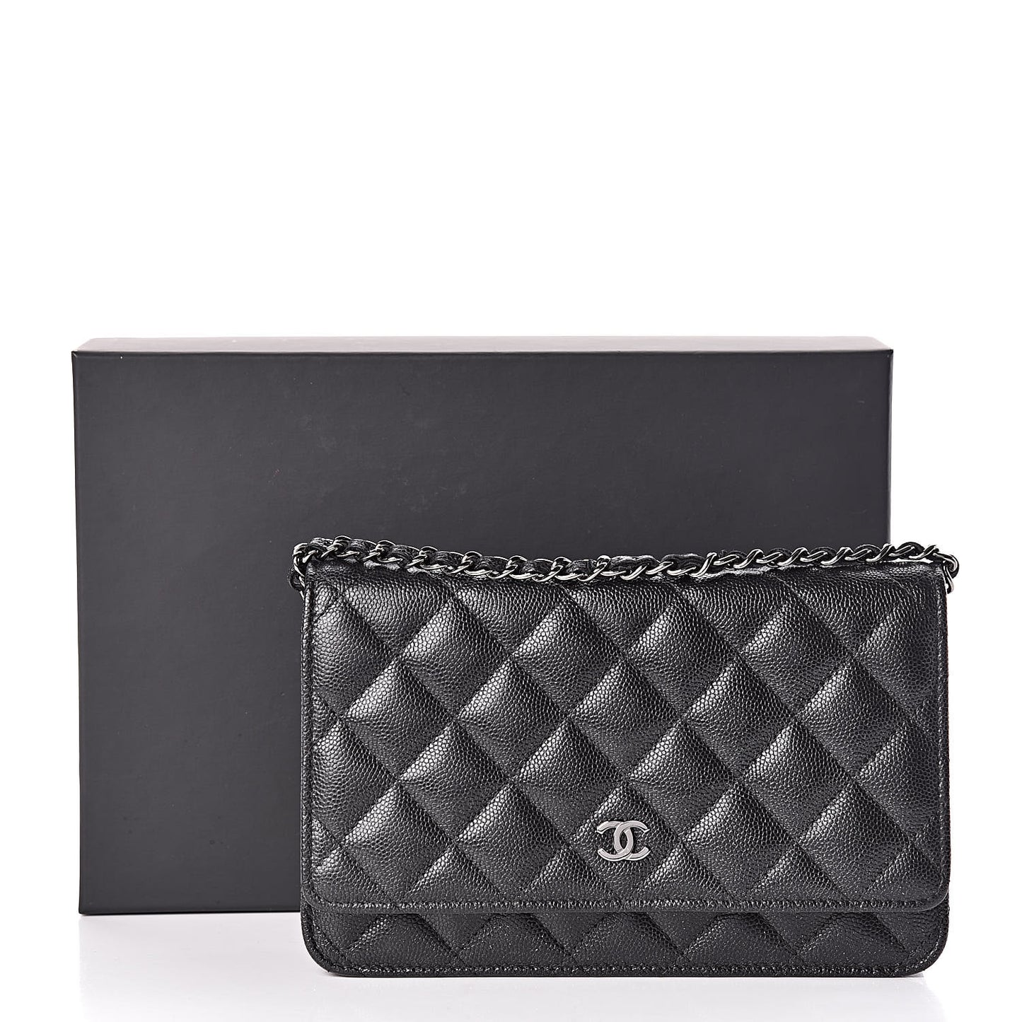 Iridescent Caviar Quilted Wallet On Chain WOC Black