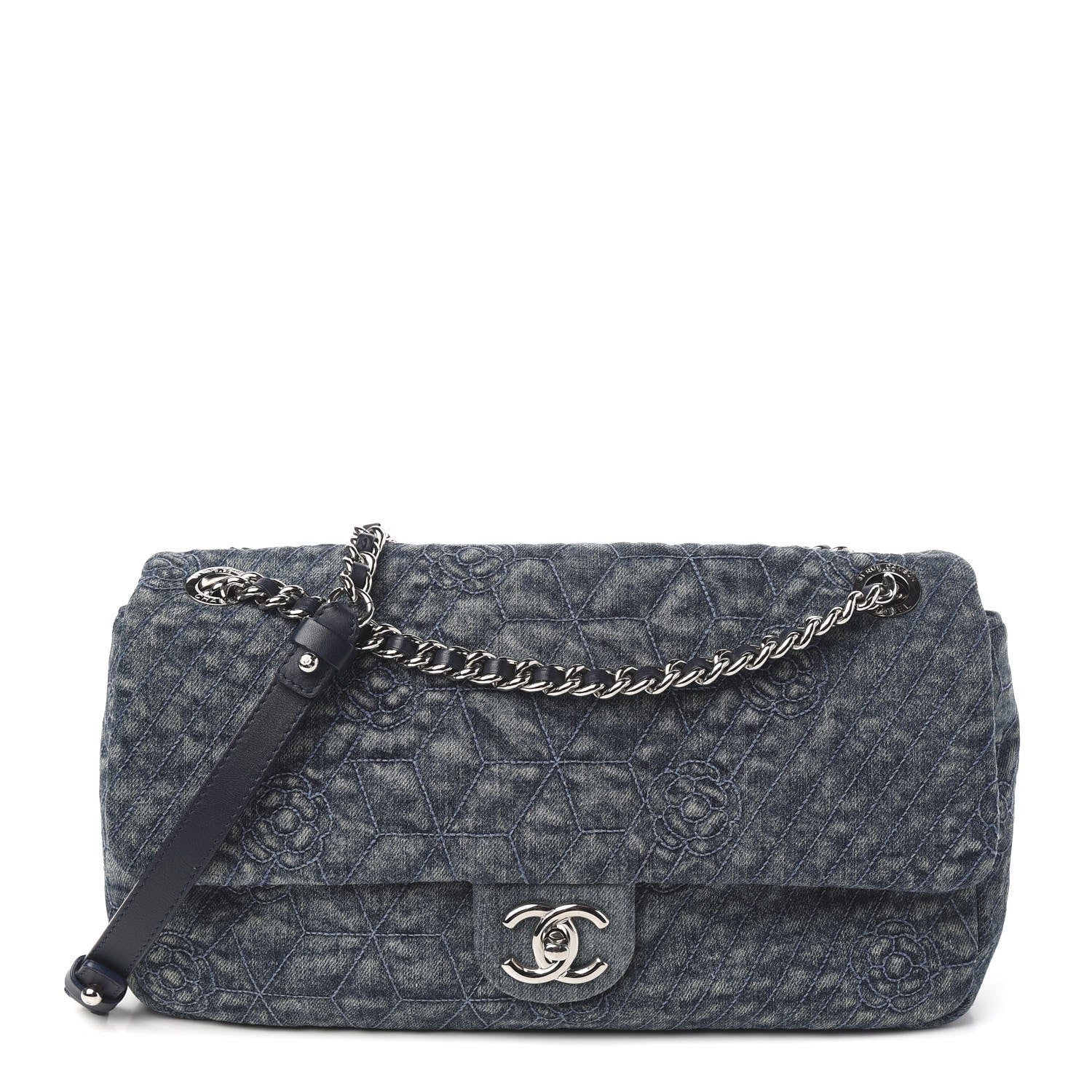 Chanel Denim Quilted Camellia Embroidered Large Flap Blue 1 of 10
