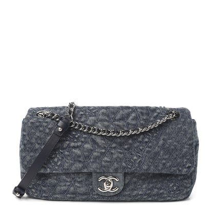 Chanel Denim Quilted Camellia Embroidered Large Flap Blue 1 of 10