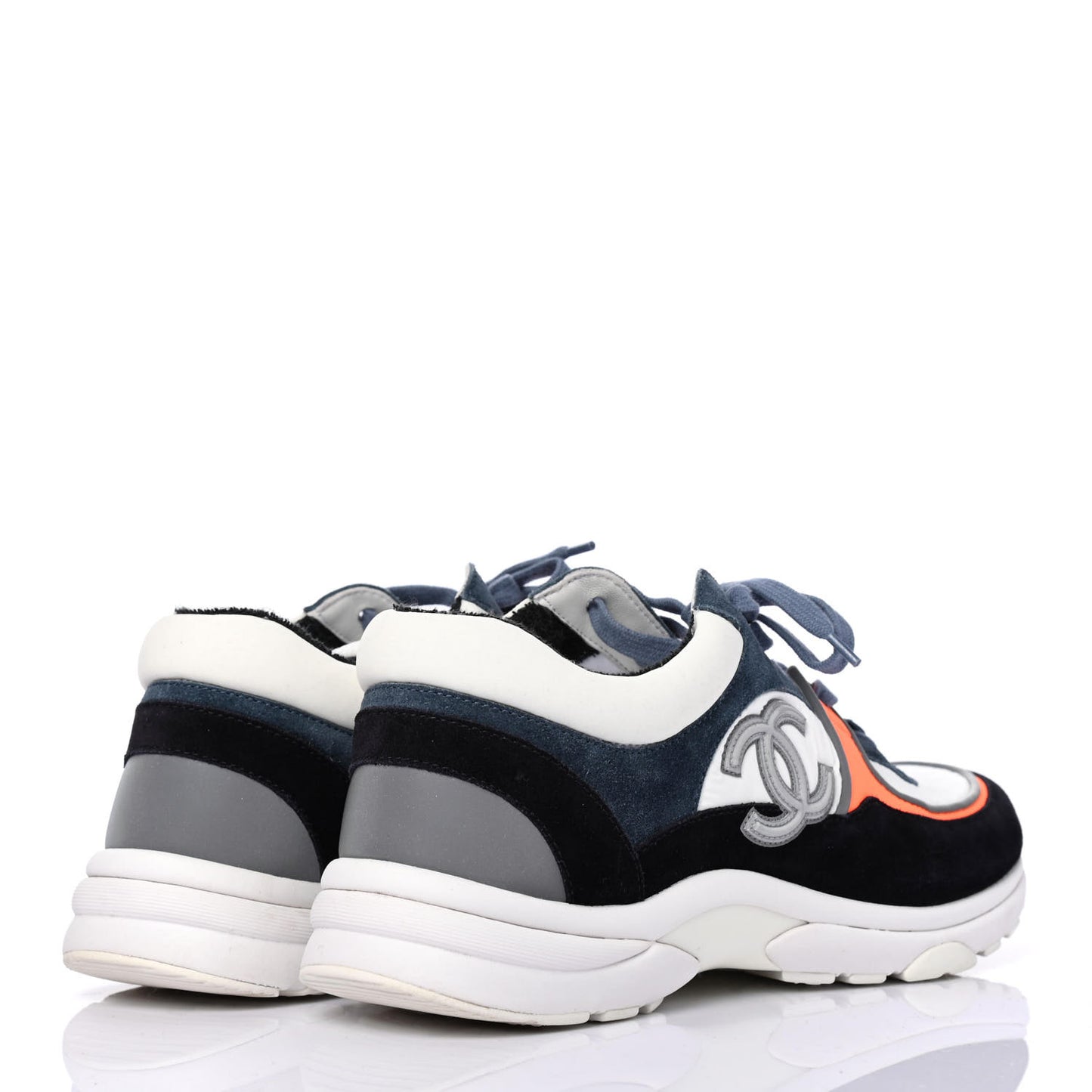 Nylon Calfskin Suede CC Womens Sneakers 39 Navy White Orange