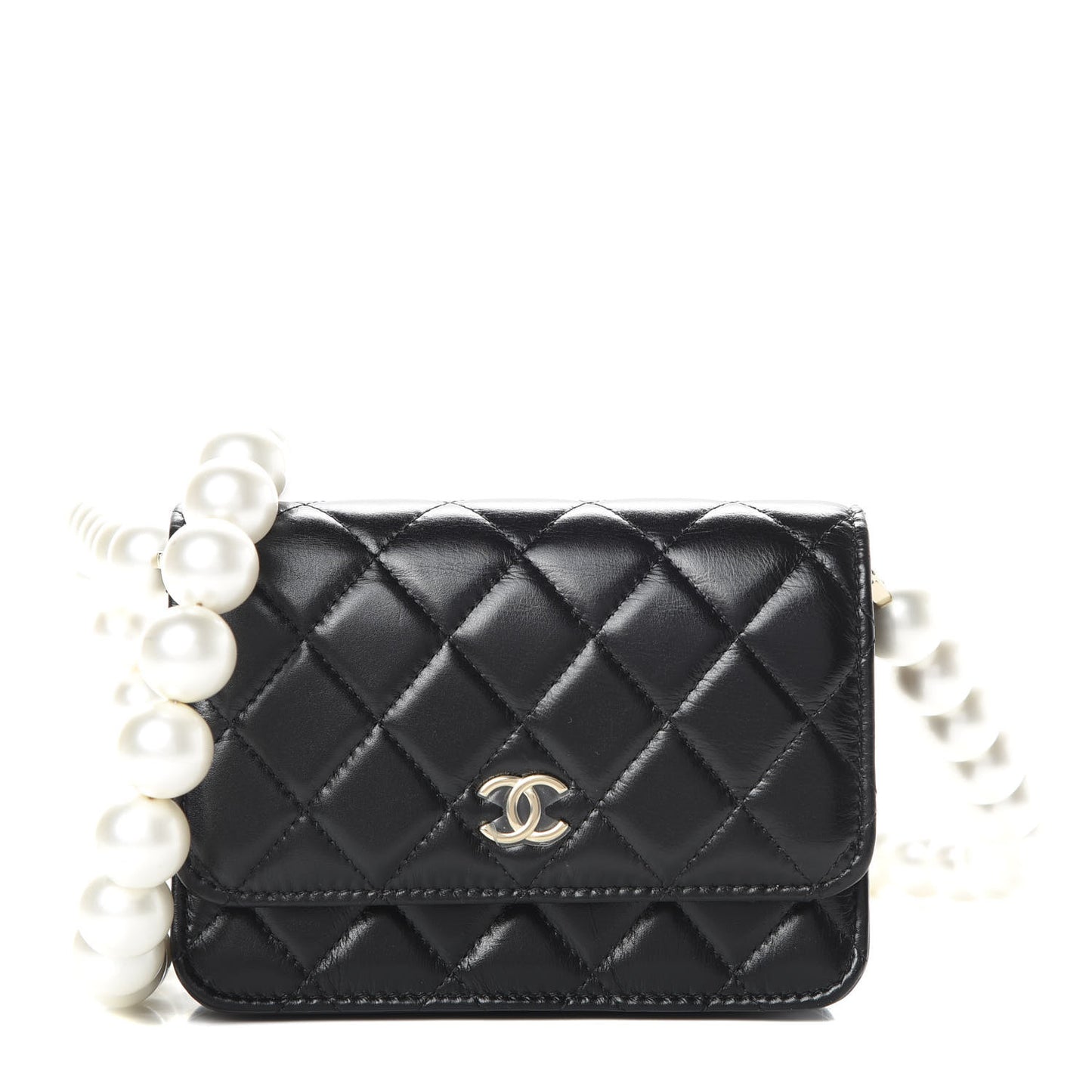 Calfskin Quilted Mini Maxi Pearls Wallet On Chain WOC Black