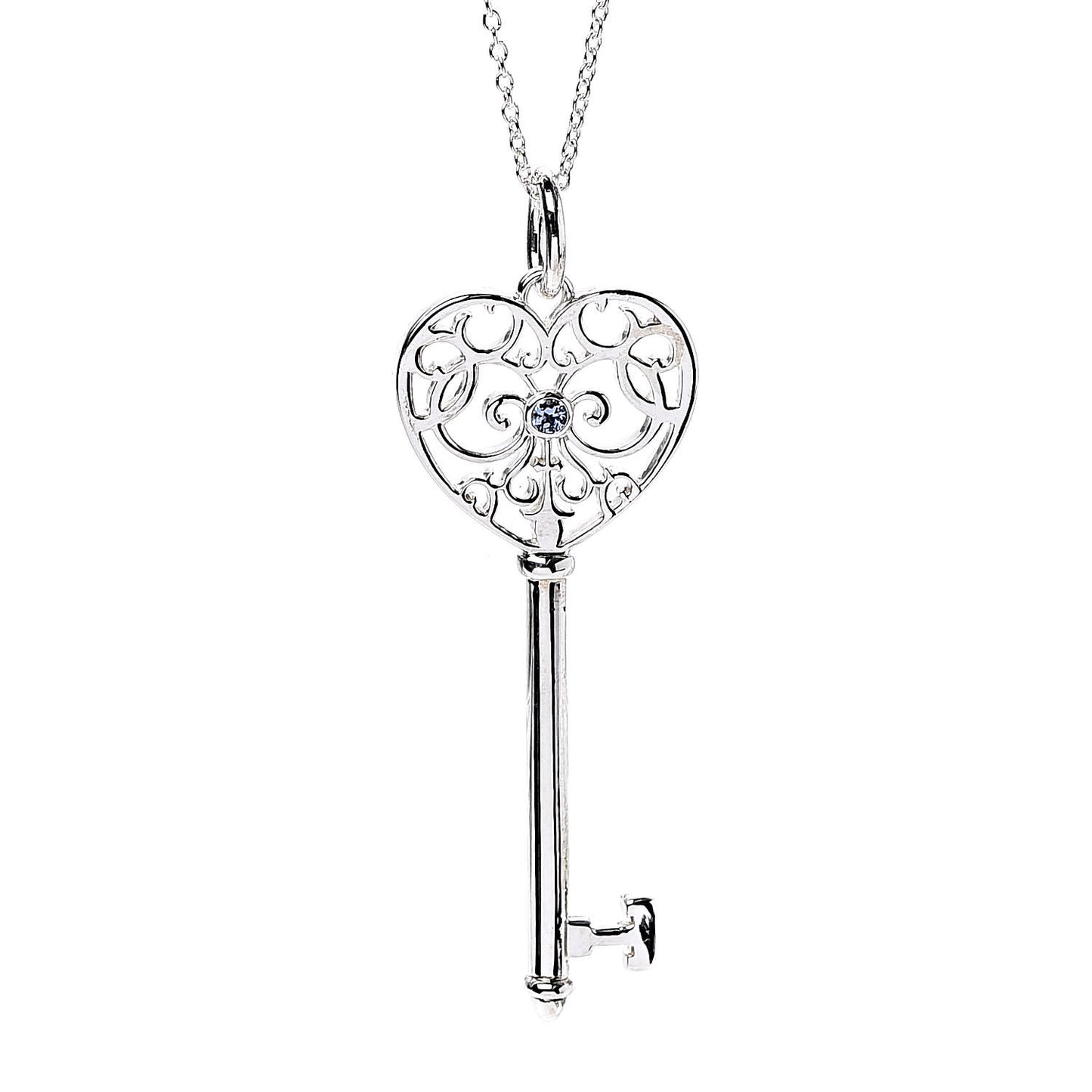 Sterling Silver Blue Sapphire Enchant Heart Key Pendant Necklace