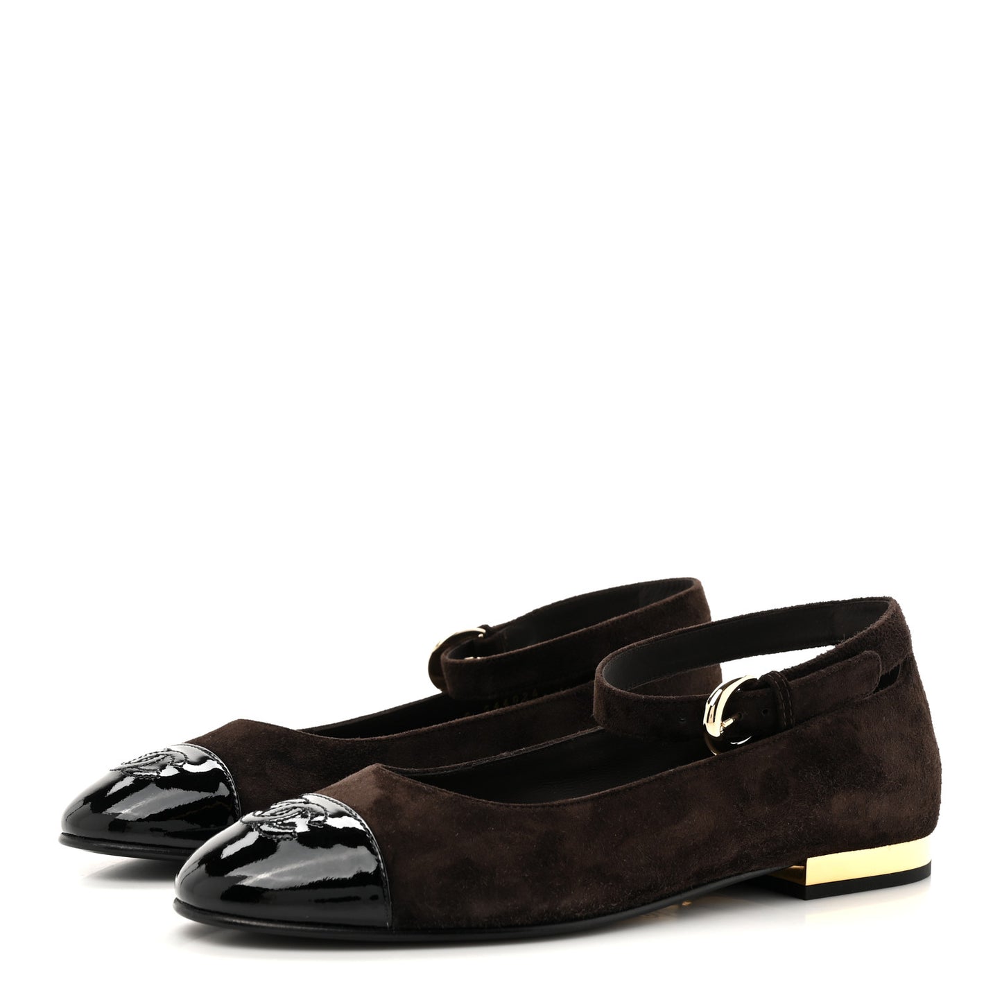 Suede Patent Cap Toe CC Mary Jane Flats 38 Dark Brown Black