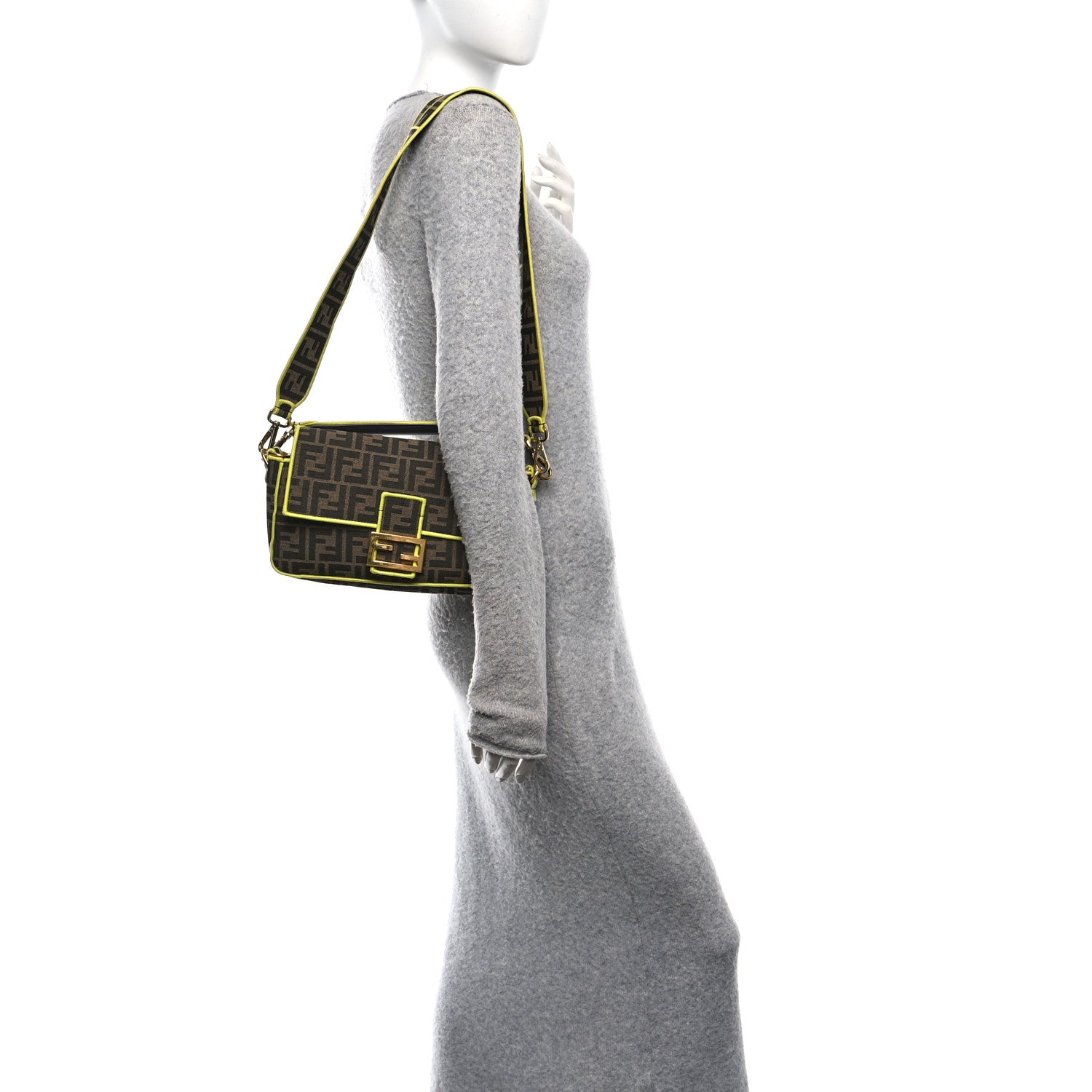 Fendi Fabric Jacquard FF 1974 Large Baguette Tobacco Moro Giallo Fluo 2 of 11