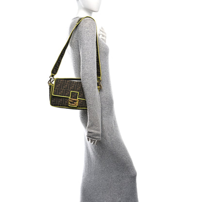 Fendi Fabric Jacquard FF 1974 Large Baguette Tobacco Moro Giallo Fluo 2 of 11