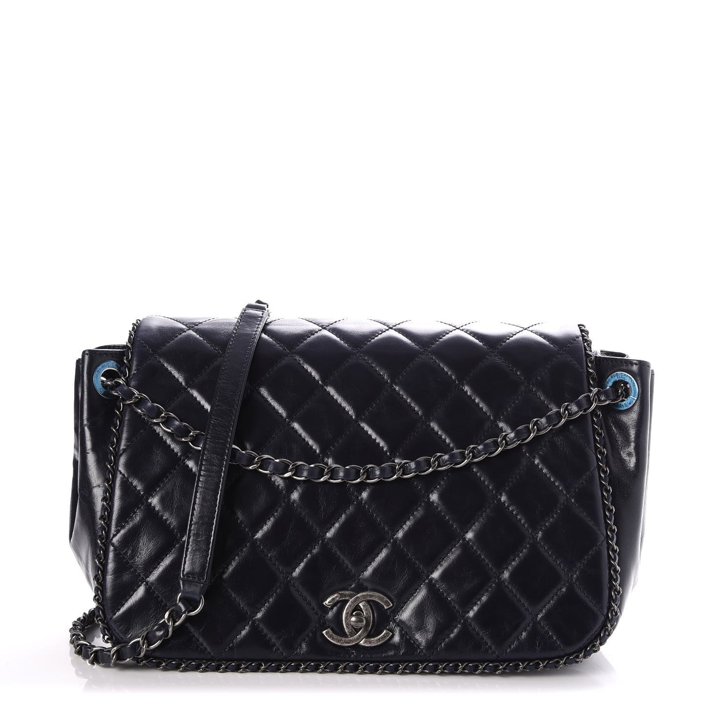 Glazed Calfskin Quilted Large CC Enchained Accordion Flap Dark Navy Blue