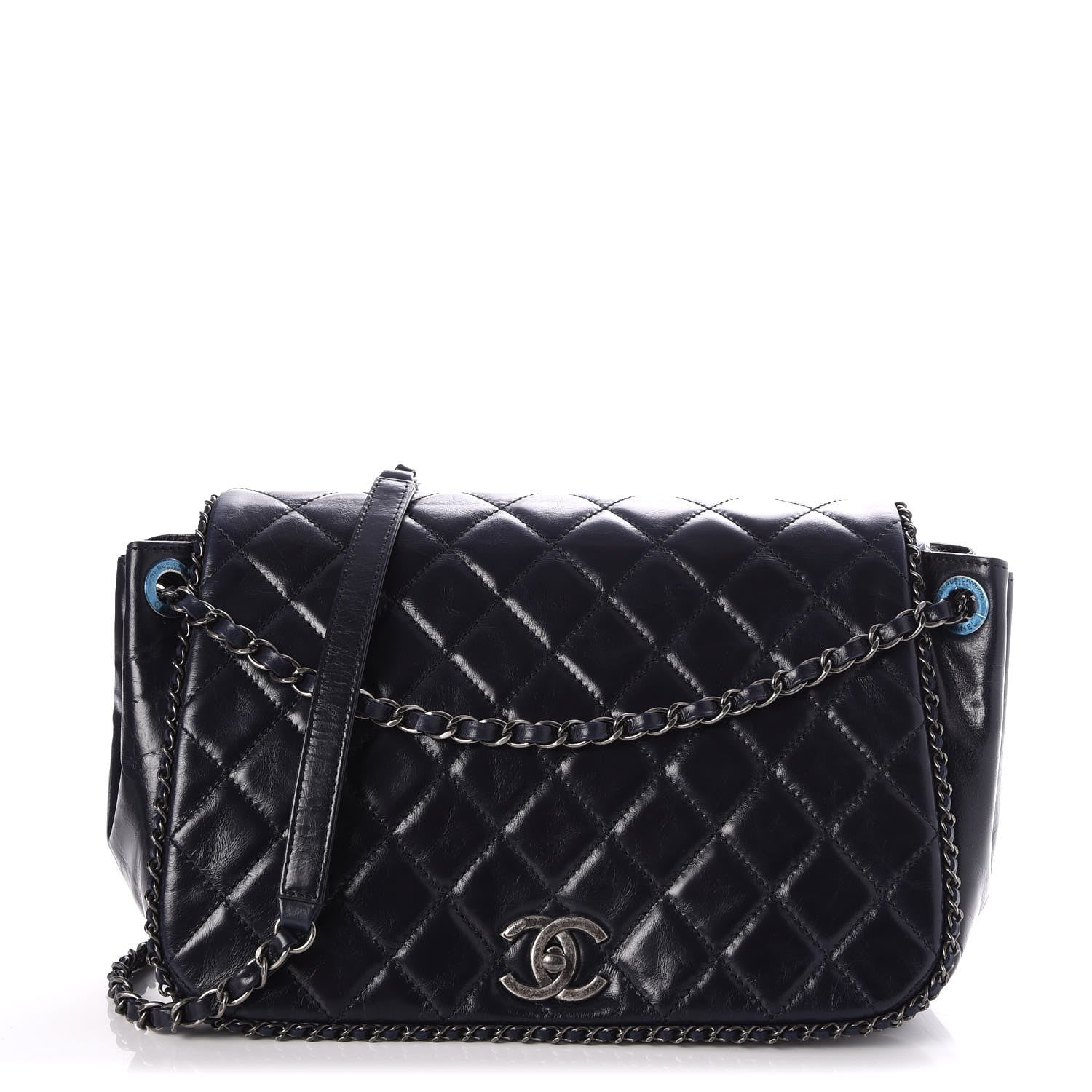 Chanel Glazed Calfskin Quilted Large CC Enchained Accordion Flap Dark Navy Blue 1 of 7