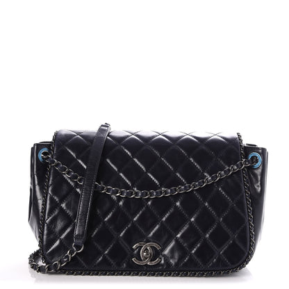 Chanel Glazed Calfskin Quilted Large CC Enchained Accordion Flap Dark Navy Blue 1 of 7