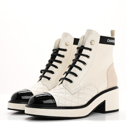 Chanel Pearly Calfskin Patent Calfskin Quilted Lace Up Boots 41 White Light Gray Black 4 of 14