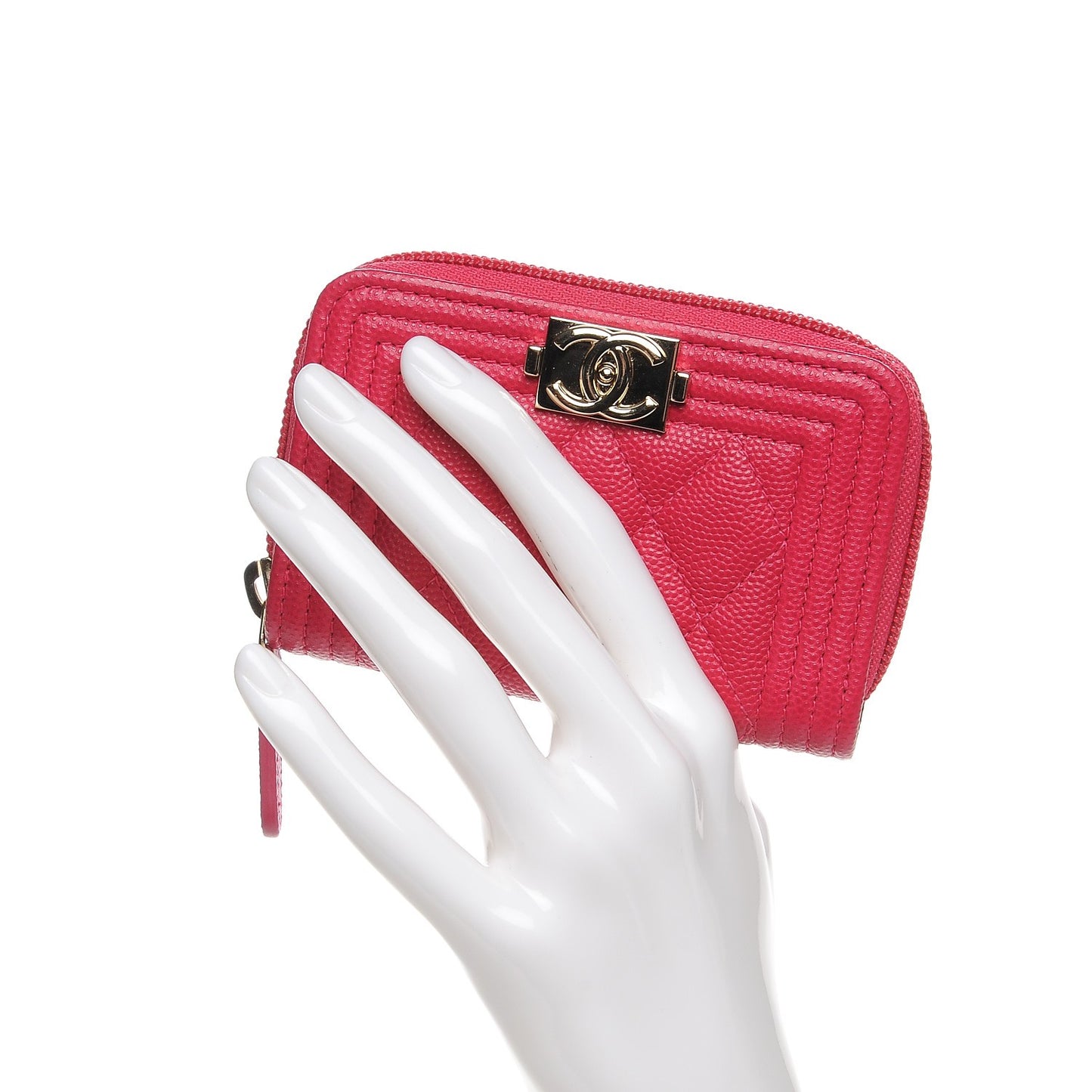 Caviar Quilted Boy Zip Around Coin Purse Wallet Fuchsia