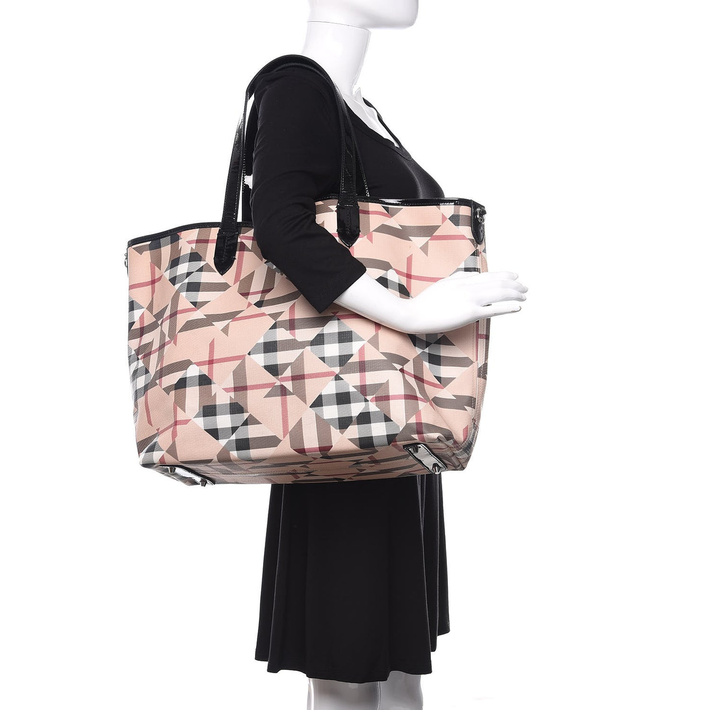 Patent Trim Patchwork Check Tote Black