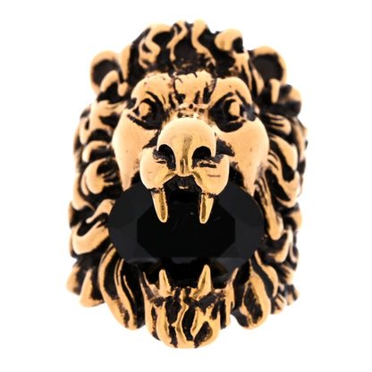Gucci Metal Crystal Lion Head Ring 56 7.5 Black Aged Gold 1 of 6