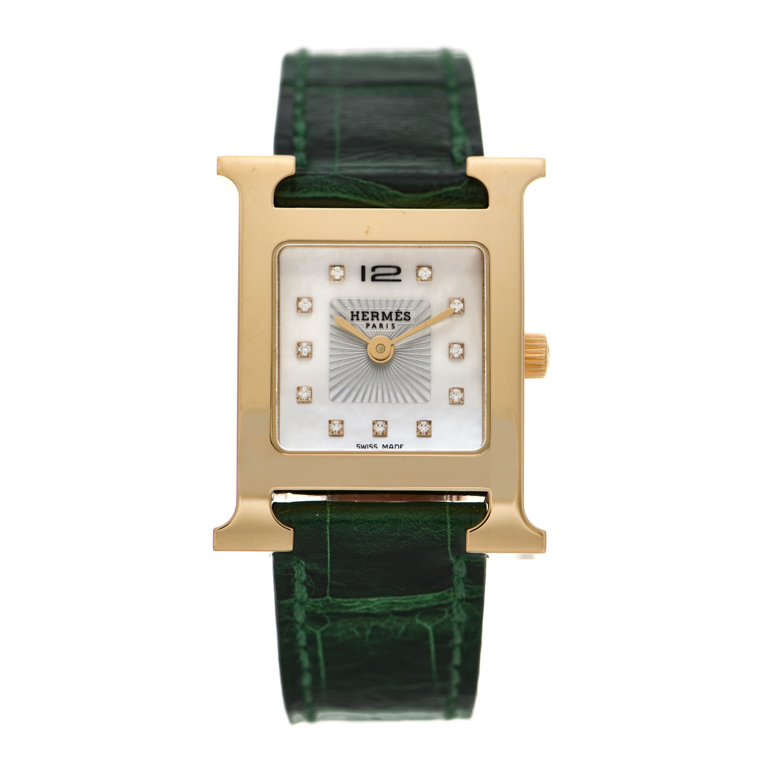 Hermes Stainless Steel Alligator Diamond Mother of Pearl 21mm Heure H Hour Quartz Watch Vert Moyen 1 of 6