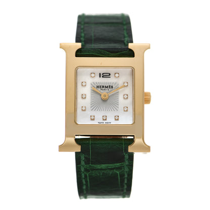 Hermes Stainless Steel Alligator Diamond Mother of Pearl 21mm Heure H Hour Quartz Watch Vert Moyen 1 of 6