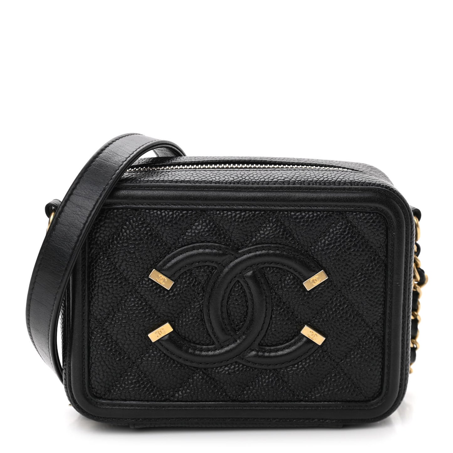 Caviar Quilted CC Filigree Vanity Clutch With Chain Black