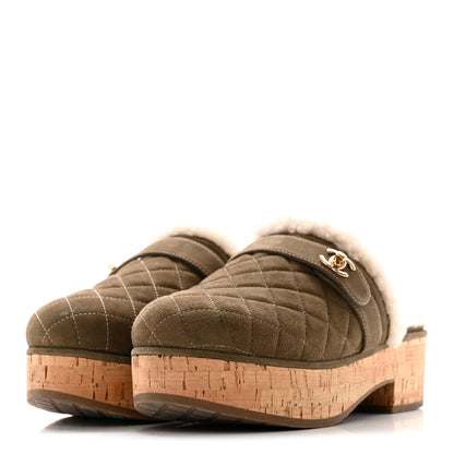 Chanel Suede Calfskin Shearling Turn Lock Clogs 38 Green 4 of 13
