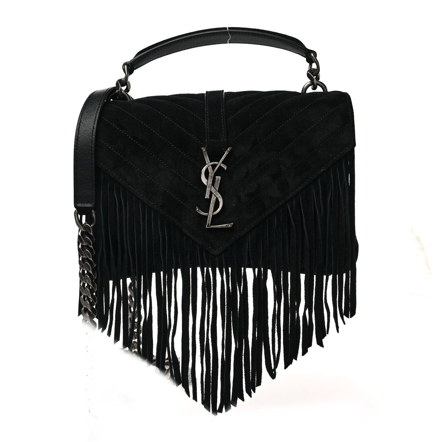 Suede Fringe Small Monogram Satchel Black