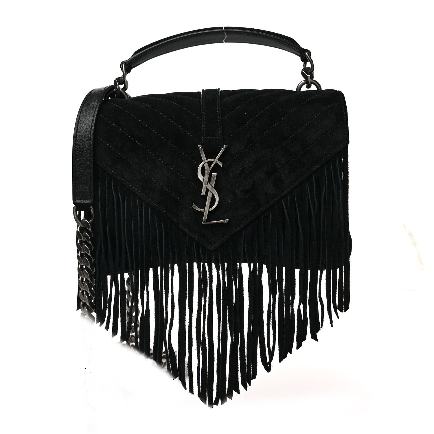 Saint Laurent Suede Fringe Small Monogram Satchel Black 1 of 7