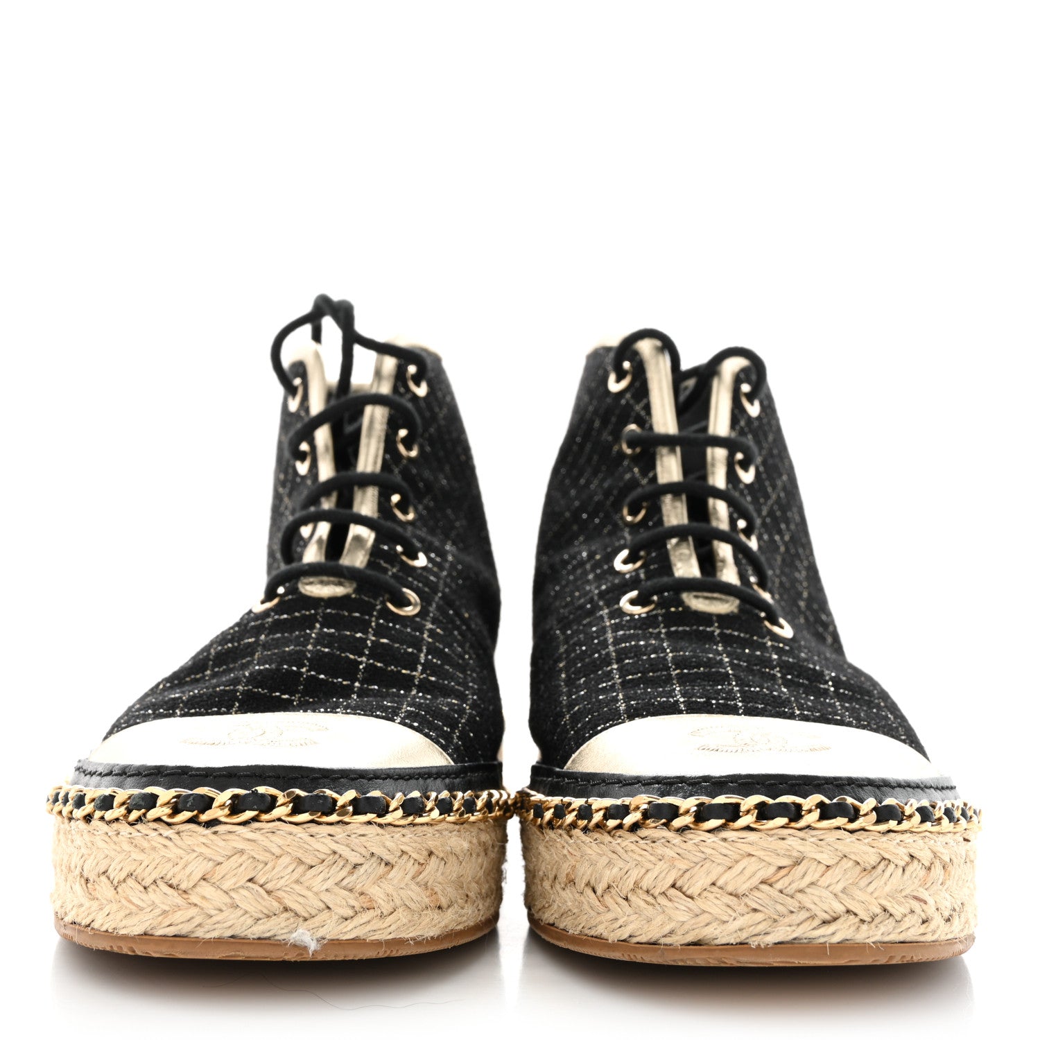 Chanel Tweed Lambskin Chain Lace Up High Top Espadrille Sneakers 36 Black Gold 2 of 9