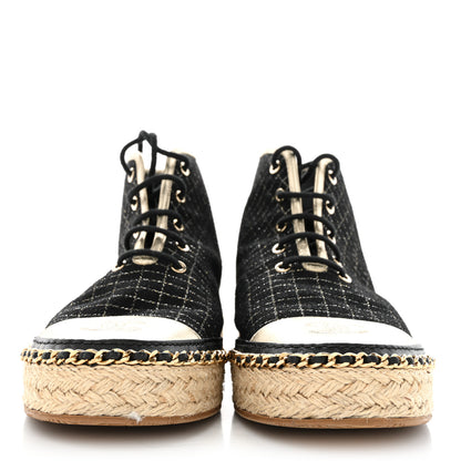 Chanel Tweed Lambskin Chain Lace Up High Top Espadrille Sneakers 36 Black Gold 2 of 9