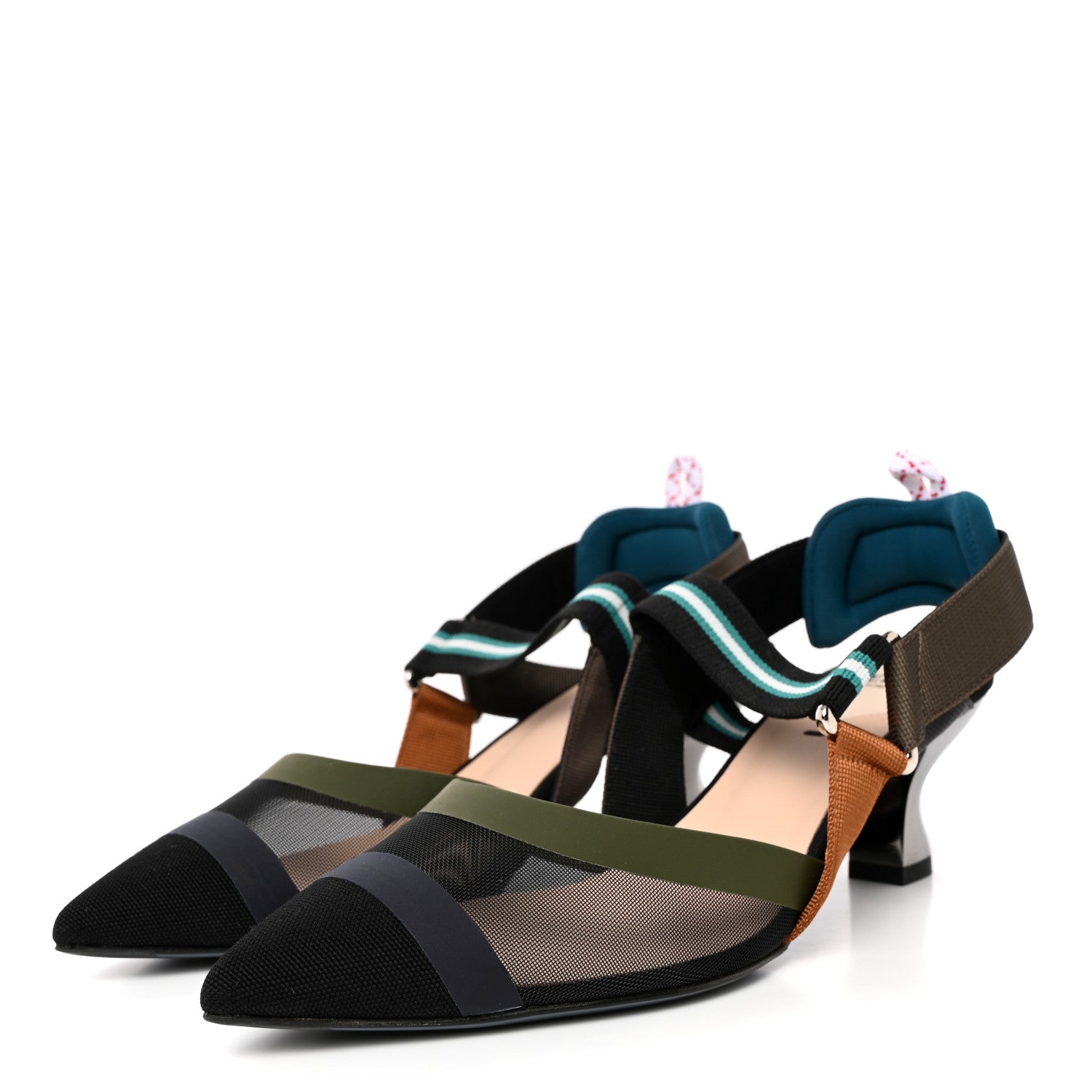 Fendi Technical Mesh Colibri 55mm Slingback Pumps 37 Black Verde Military 3 of 10