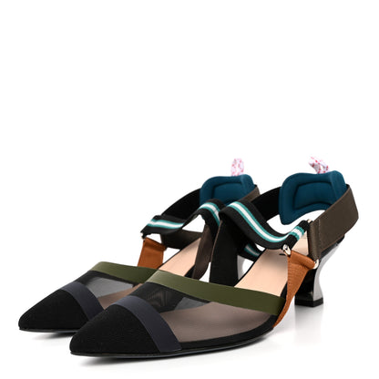 Fendi Technical Mesh Colibri 55mm Slingback Pumps 37 Black Verde Military 3 of 10