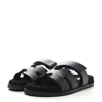 Hermes Calfskin Woolskin Mens Chypre Sandals 43 Black 3 of 8