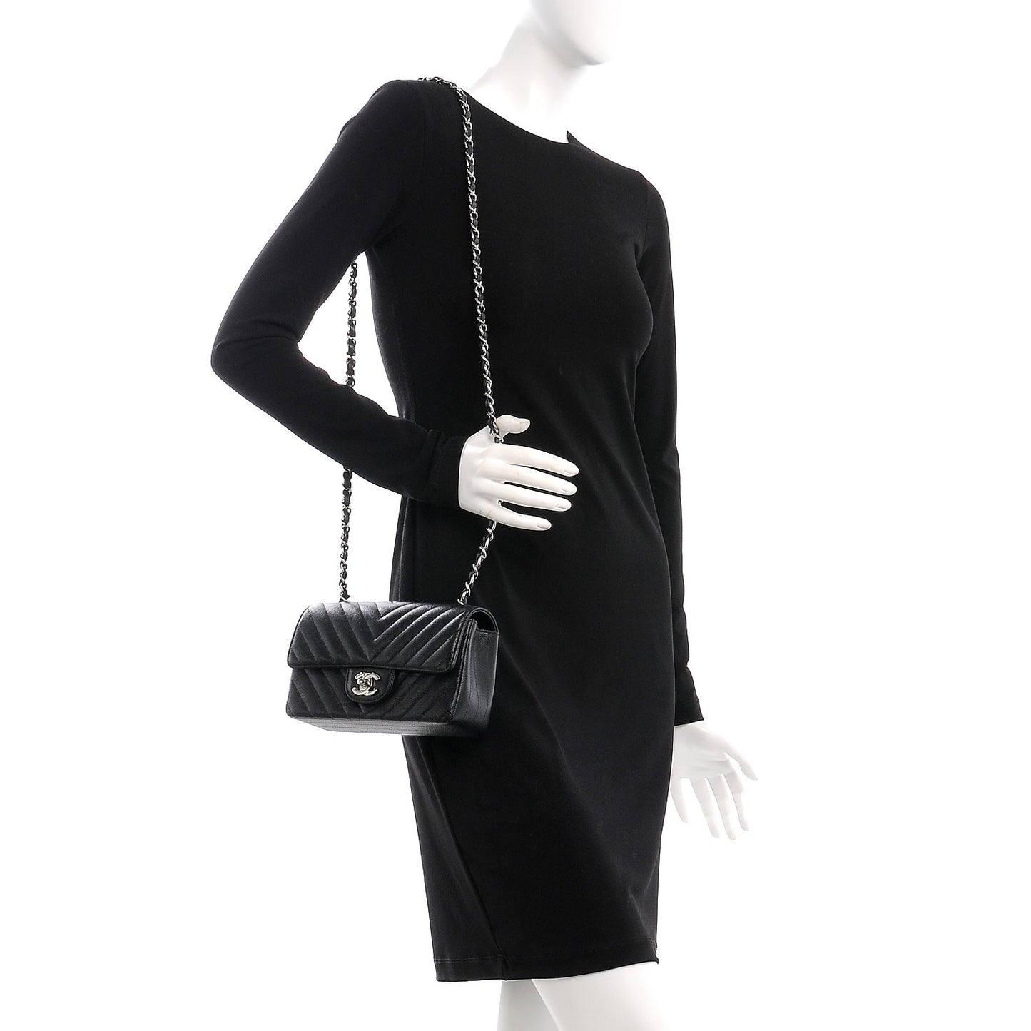 Caviar Chevron Quilted Mini Rectangular Flap Black