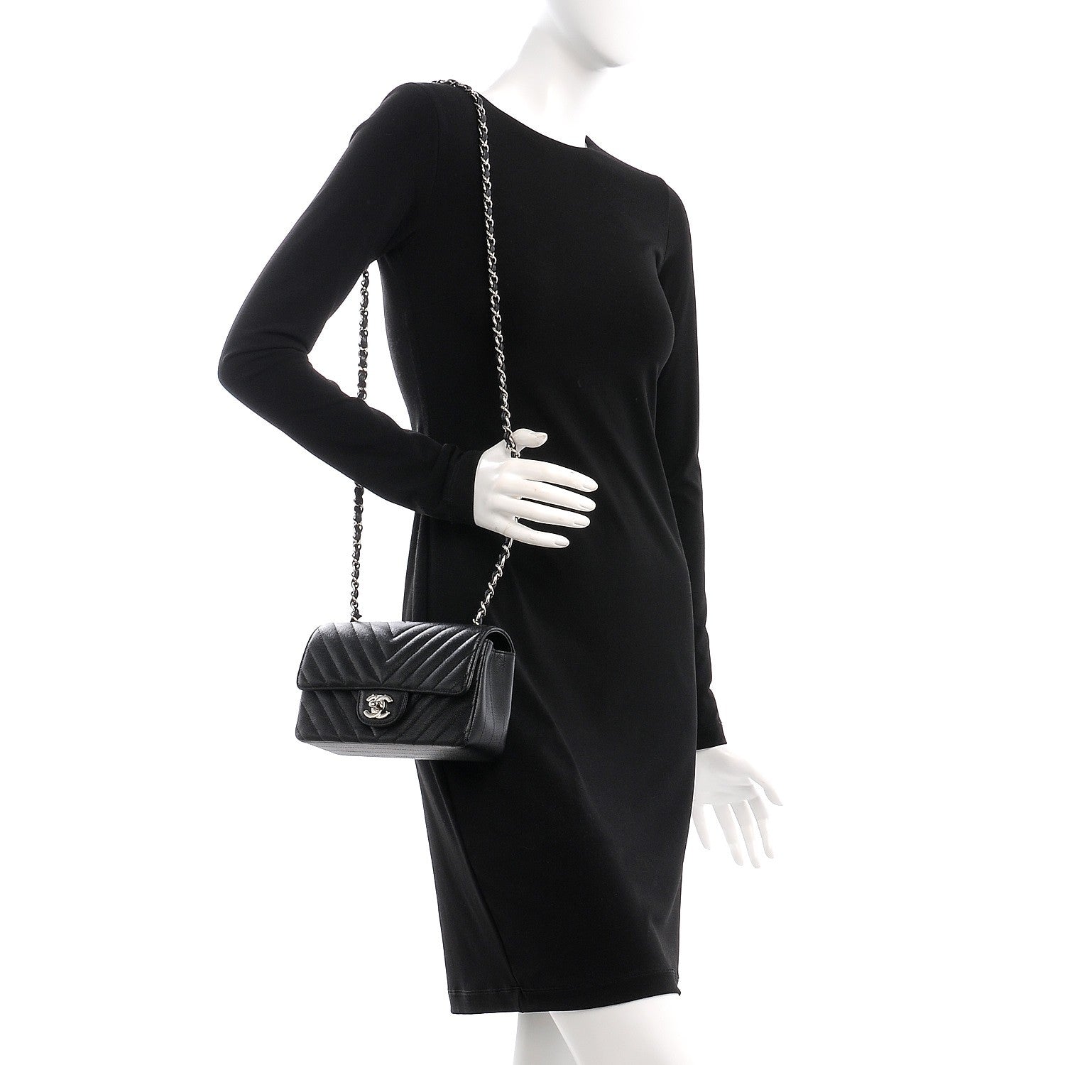 Chanel Caviar Chevron Quilted Mini Rectangular Flap Black 2 of 8