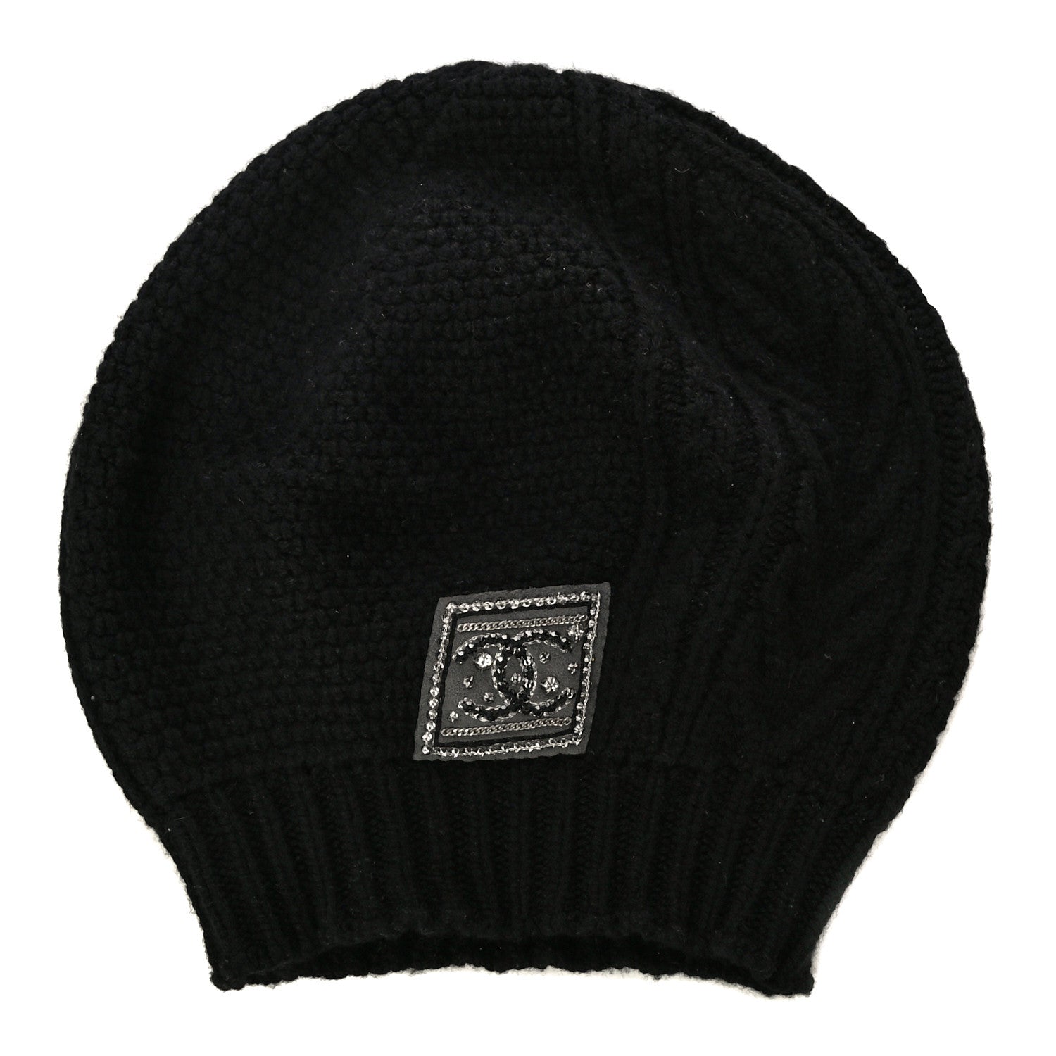 Chanel Cashmere Crystal Embellished Logo Beanie Hat Black 1 of 3