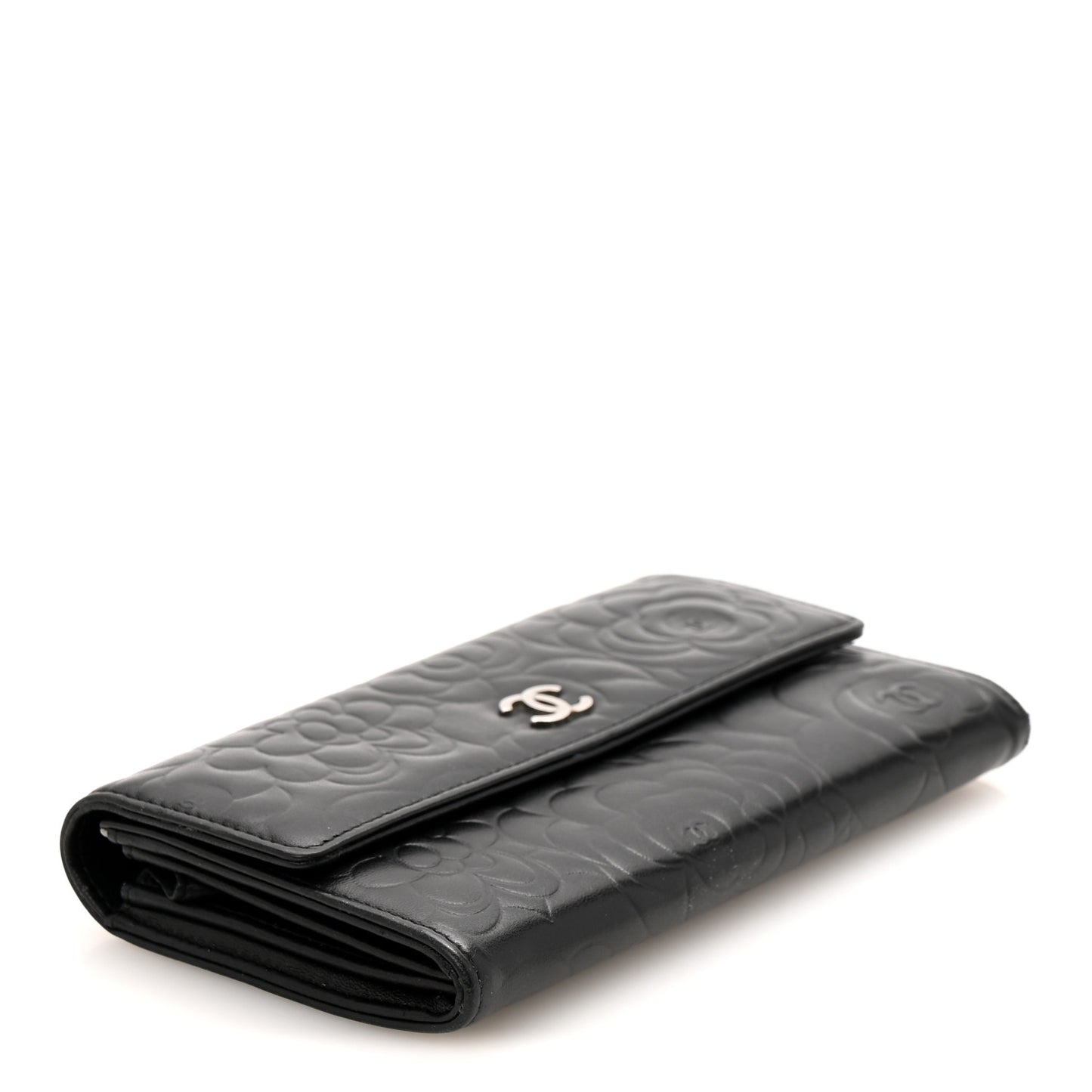 Lambskin Embossed Camellia Large Gusset Flap Wallet Black