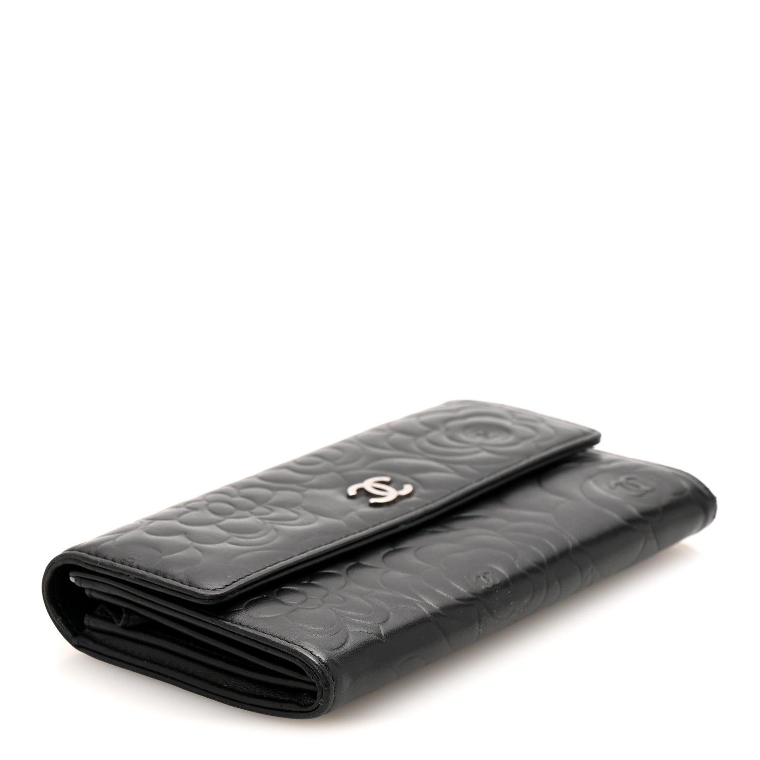 Chanel Lambskin Embossed Camellia Large Gusset Flap Wallet Black 4 of 10
