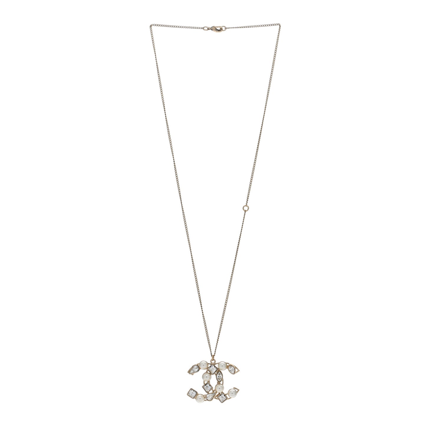 Pearl Crystal Baguette CC Pendant Necklace Gold