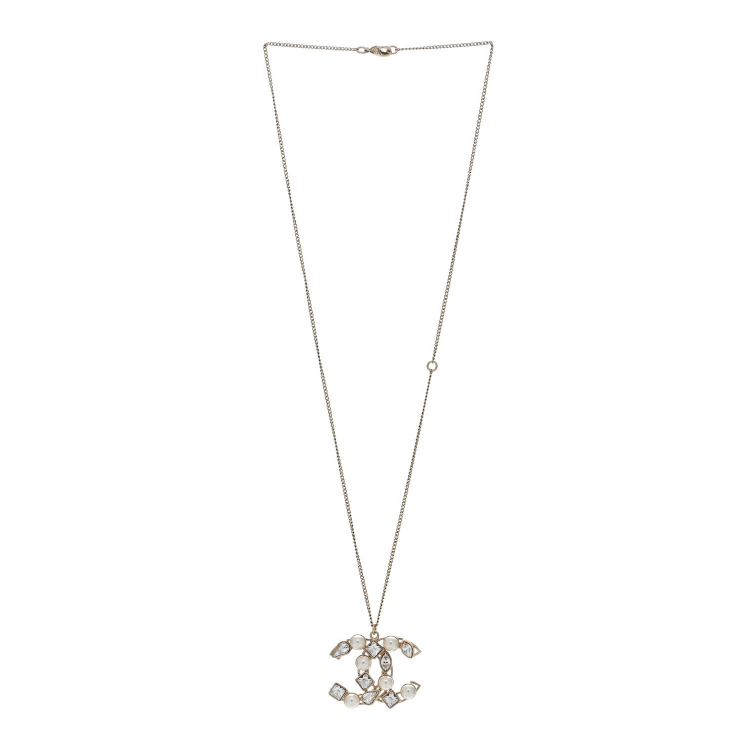 Chanel Pearl Crystal Baguette CC Pendant Necklace Gold 3 of 4