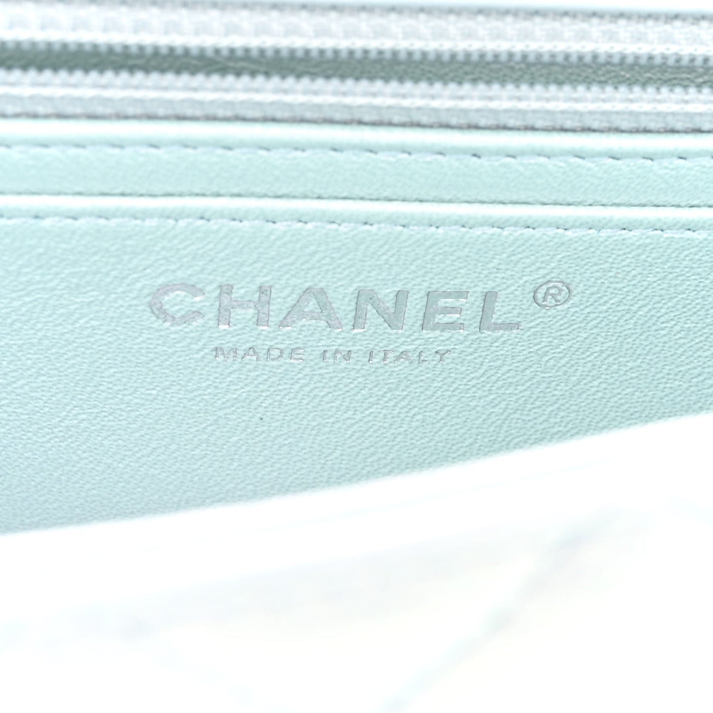 Iridescent Calfskin Quilted Mini Rectangular Flap Light Blue