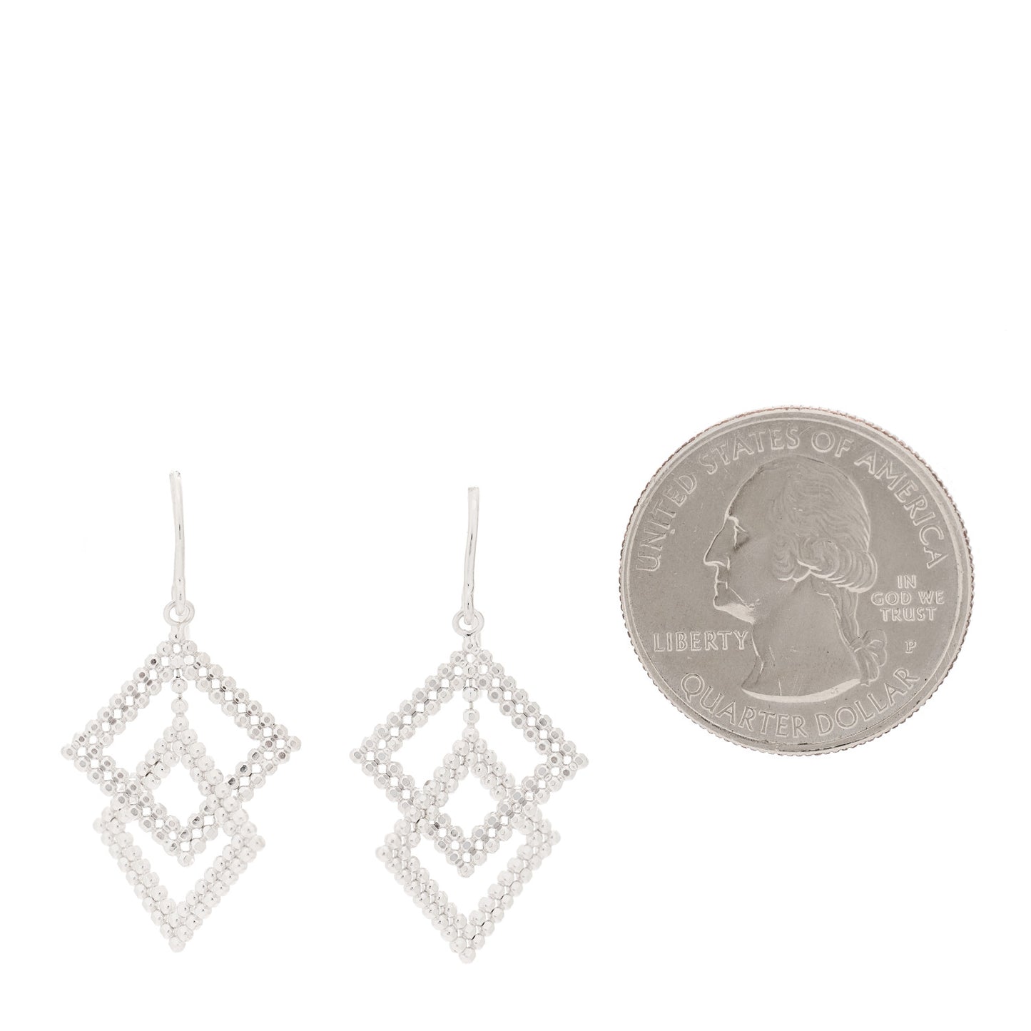 18K White Gold Double Beaded Square Drop Earrings