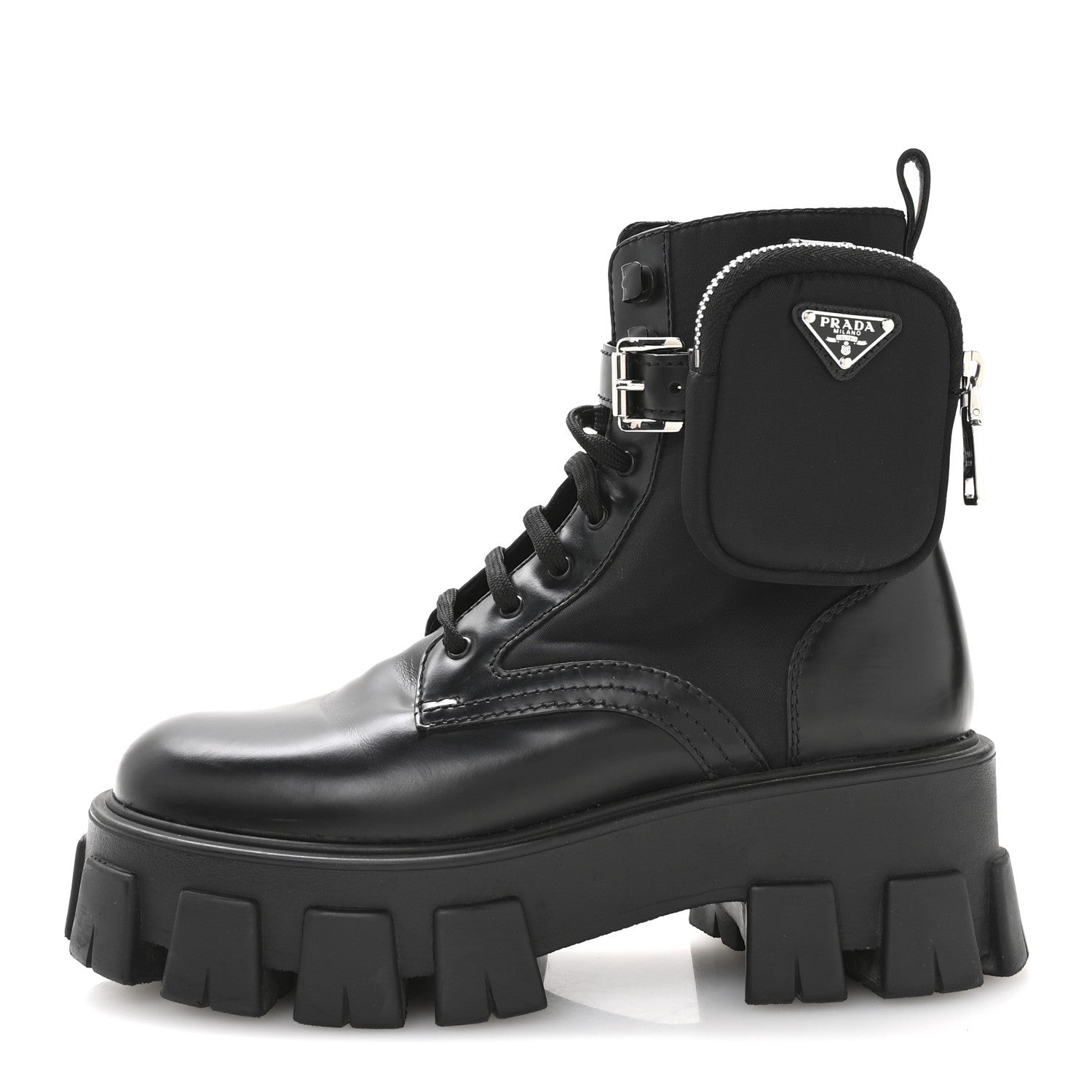 Prada Spazzolato Rois Nylon Metal Triangle Logo Monolith Pouch Pocket 55mm Boots 36.5 Black 1 of 9