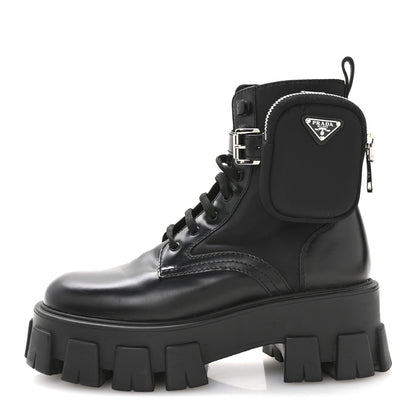 Prada Spazzolato Rois Nylon Metal Triangle Logo Monolith Pouch Pocket 55mm Boots 36.5 Black 1 of 9
