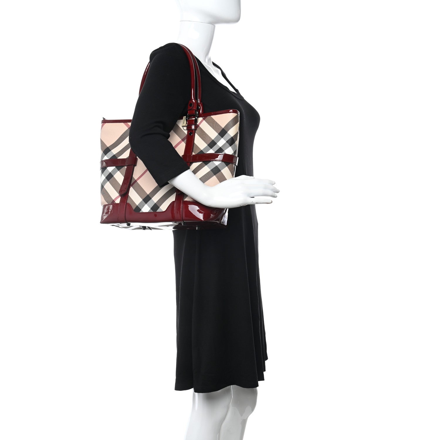Burberry Patent Nova Check Medium Denham Tote Dark Red 2 of 11